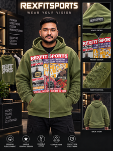 REXFITSPORTS 2026 – Sweat à capuche zippé vert olive pour homme, streetwear personnalisé en molleton avec manches texturées - Product Image 1