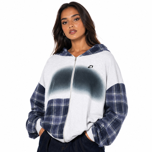 Sweat à capuche zippé intégral pour femme, manches à carreaux, gris clair, en molleton mélangé de coton, épaules tombantes, dégradé pulvérisé, style streetwear, automne-hiver, OEM - Product Image 1