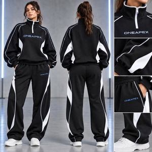 <b>Women's</b> Black <b>White</b> Quarter Zip Tracksuit Set Sportswear Pullover Sweatshirt <b>Jogger</b> Pants Casual Streetwear Two Piece Outfit - Product Image 4