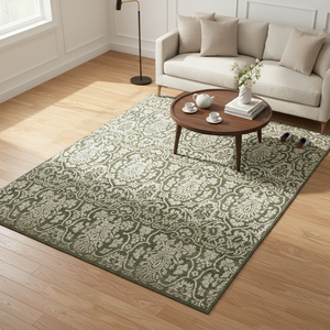 Tapis Damassé Fait Main en Laine et Soie Vert Argenté, Tapis de Luxe à Poils Courts avec Accents Marron - Product Image 1
