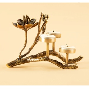 Brass Tea Light Holder Set With Floral Branch Design Heat Resistant Home Decoration - Product Image 1