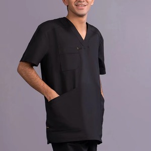 Men Black V-Neck <b>Scrub</b> <b>Top</b> 100% Polyester Woven Hospital Uniform for Medical Workers - Product Image 2