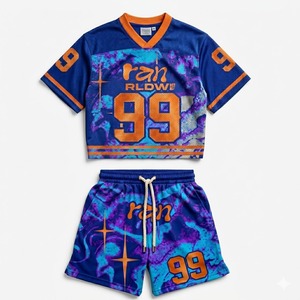 Conjunto de Jersey de Malla con Estampado Tie Dye Azul y Naranja 99, Cuello en V, Manga Corta, Pantalones Cortos con Cordón, Ropa Urbana Unisex para Verano - Product Image 1