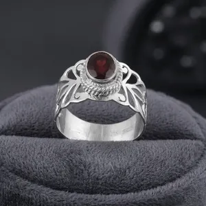 Bague en argent sterling 925 avec pierre précieuse grenat, bijoux vintage faits à la main, filigrane, pierre rouge naturelle, bagues fines - Product Image 4