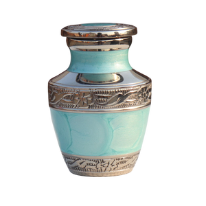 Urna Moderna de Metal Azul Agua Claro con Bandas Plateadas en Relieve para Uso Funerario y Conmemorativo - Product Image 1