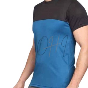 T-shirt à manches courtes pour homme, bleu et noir, à blocs de couleur, col rond, avec motif, séchage rapide, coupe décontractée, longueur normale, tricoté en polyester - Product Image 3