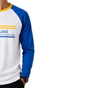 <b>White</b> And Royal Blue Raglan Long Sleeve T Shirt Men Premium Cotton Crew Neck Casual Graphic Baseball Tee Yellow Trim Custom OEM - Product Image 4