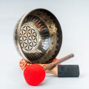 Bol chantant en métal moulé à la main sur le thème bouddhiste tibétain, thérapie sonore, couleur de la vie - Product Image 1
