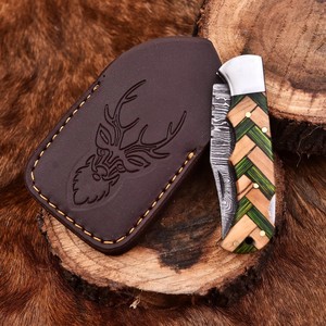 Couteau pliant en acier Damas forgé à la main, manche en bois d'olivier et de Pakka, étui en cuir, couteau de poche EDC pour la chasse et le camping - Product Image 5