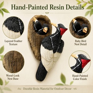 Estatua de Pared de Pájaro Pájaro Carpintero de Resina con Pollitos, Decoración de Vida Silvestre Pintada a Mano para el Hogar, Jardín y Decoración de Cercas - Product Image 3