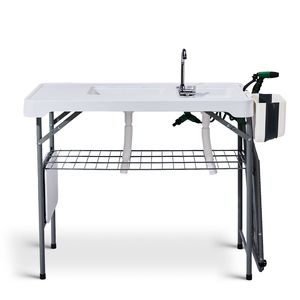 Tavolo Pieghevole Portatile da 108 cm per Pulizia Pesci con Doppio Lavello, Supporto Estensibile Pieghevole e Griglia con Rubinetto e Spruzzatore - per Campeggio - Product Image 1