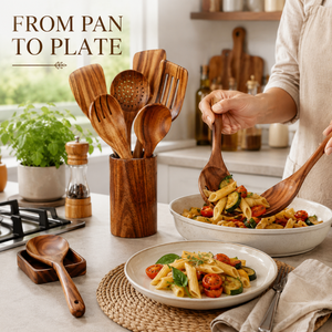 Ensemble d'ustensiles de cuisine en bois d'acacia avec support, repose-cuillère, spatules en bois, cuillères, outils de cuisine |   Articles de cuisine artisanaux en gros - Product Image 3