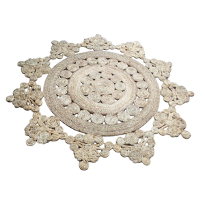 Custom Handwoven Natural Jute <b>Rug</b>-<b>Rustic</b> Geometric 3D Cube Scalloped Border Openwork Lace Carpet - Product Image 4