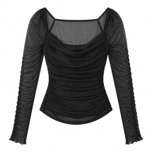 <b>Women's</b> Solid Gothic Ruched Knitted Chiffon Tank <b>Top</b> <b>Square</b> <b>Neck</b> Long Sleeve Sheer Statement Party Shirt Lightweight 120g OEM - Product Image 1