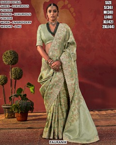Sari traditionnel vert en viscose brodé Pauranik avec chemisier pour femme, longueur ras du sol, idéal pour les mariages - Product Image 1