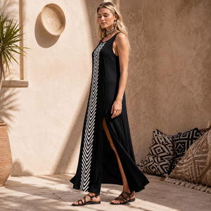 Women's Black Sleeveless Cotton Maxi Dress Chevron Print Side Slit Boho Beach Casual Summer Vacation Party <b>Long</b> Dress Elegant - Product Image 4