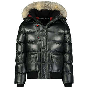 Men's Black <b>Hooded</b> Puffer <b>Jacket</b> With <b>Fur</b> Trim Zipper Closure Windproof Casual Winter Down Filled Thick Polyester Shell - Product Image 5