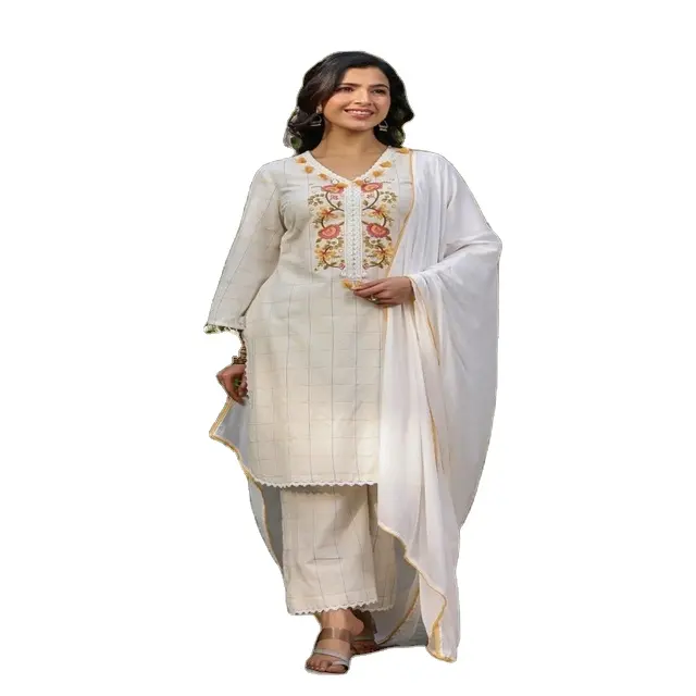 자수 작업이있는 흰색 순면 Dupatta 최신 Kurti 펜트 세트 | 인도의 여성 여름 스타일 Kurtis 제조업체 |