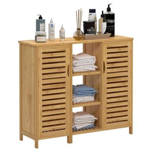 Armoire de rangement pour salle de bain en teck avec portes à lattes - Product Image 1