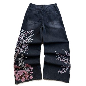 High Waisted Wide Leg Denim Pants With Floral Embroidery Dark Wash Loose Fit Full Length Women Casual Spring Style - Product Image 2