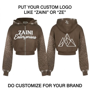 Women <b>Crop</b> <b>Top</b> Hoodie Premium Knitted Cotton Fleece Anti-Wrinkle Winter Casual Brown Zip Custom Embroidery <b>Rhinestone</b> - Product Image 1