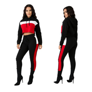 Ensemble de survêtement décontracté pour femme, haut court à capuche en polaire polyester/coton antistatique, manches longues, pantalon de jogging avec poches latérales, noir et rouge - Product Image 4
