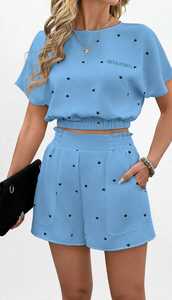 ONETEN APPARELS Women Blue Heart Print 2 Piece Set Crew Neck Top and Elastic Waist Shorts - Product Image 1
