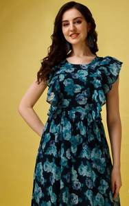 Vestido Largo de Georgette con Estampado Floral de Diseñador, con Forro de Crepé, Cuello Redondo, Manga Corta, Completamente Cosido, Estilo Étnico Fusion, Venta al Por Mayor - Product Image 6