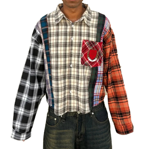 Custom Streetwear <b>Shirt</b> Oversize Man Long Sleeve Plaid for <b>Men</b> <b>Flannels</b> Patchwork Cut and Sew Panel <b>Flannel</b> <b>Shirt</b> - Product Image 1