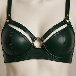 Black Leather Look Bra and G-String Set with Underwire Support and <b>Adjustable</b> <b>Straps</b> for Women - Product Image 2