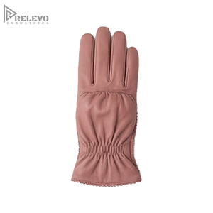Custom Women Dusty Pink Genuine Leather Gloves, <b>Lace</b> Trim Cuff <b>Elastic</b> Wrist Driving Dress Gloves OEM Wholesale - Product Image 1