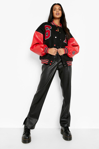 Chaqueta bomber universitaria personalizada de alta calidad en negro/rojo para mujer, chaqueta de béisbol para mujer - Product Image 6