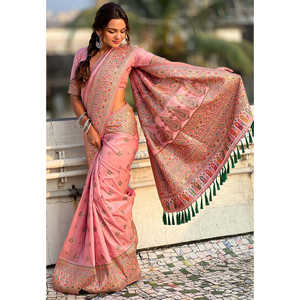 Pink Kashmiri Silk Zari Woven Saree Indian & Pakistani Clothing <b>Pashmina</b> Style - Product Image 1
