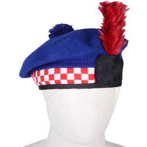 หมวกกิลต์สก็อตสีน้ำเงิน ทำจากขนสัตว์แท้ ทรงบาลมอรัล แต่งขนนกปอมปอม ทำด้วยมือ สำหรับชุดพื้นเมืองไฮแลนด์ - Product Image 1