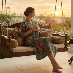 Robe kimono en coton faite à la main pour femme, col en V, manches longues, vêtement de nuit long, robe de nuit avec passepoil contrastant, 2 poches sur le devant - Product Image 2