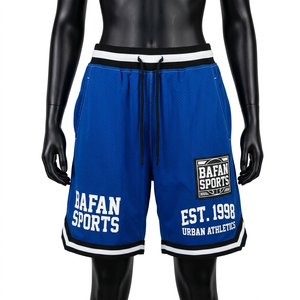 Shorts de baloncesto para mujer, 160 GSM, transpirables, de malla de poliéster, azul real con paneles a rayas, logotipo personalizado impreso. - Product Image 1