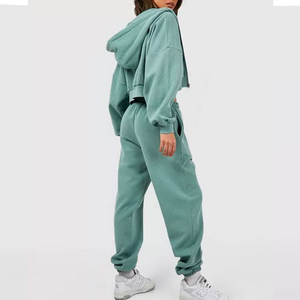 Custom Women Cropped Zip Up Hoodie Sweatpants <b>Set</b> Heavy Weight Vintage 3 Piece Tracksuit Women Hooded <b>Crop</b> <b>Top</b> Jogger <b>Sets</b> - Product Image 4