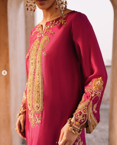 Women's Pink <b>Silk</b> Satin <b>Kurta</b> Gold Embroidery Crop Regular Fit Traditional Indian Pakistani Wedding Wear SADIA AUN HUTE COUTURE - Product Image 2