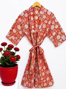 Bata de lujo para mujer con estampado floral, cuello en V, cordón ajustable, manga 3/4, largo hasta el tobillo, 100% algodón, transpirable, lavable a máquina - Product Image 3
