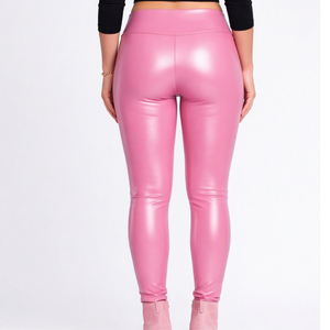 Leggings de Cuero Rosa de Cintura Alta, Pantalones de Yoga Transpirables con Cintura Elástica Sin Costuras - Product Image 3