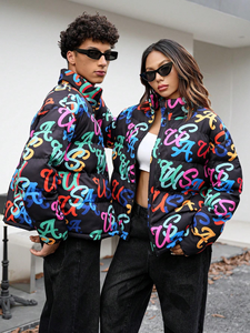 Chaqueta de forro polar Teddy para hombre, con estampado de grafiti y dibujos, multicolor, cuello alto, con cremallera, abrigo de sherpa, ropa de calle de invierno. - Product Image 2