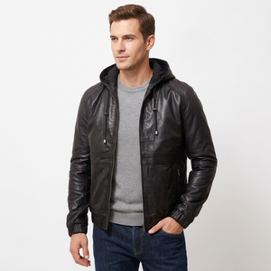 Veste en cuir de mouton à capuche pour homme, style zippé, coupe slim, couleur unie, coupe-vent, avec logo frontal, idéale pour le printemps - Product Image 4