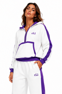 Ensemble de survêtement bicolore pour femme avec sweat à capuche à col montant et pantalon décontracté, bandes latérales personnalisées, OEM, collection automne - Product Image 3