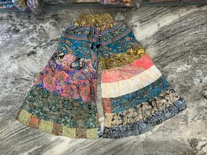 Pantalon palazzo taille haute en patchwork de soie fait main, à volants superposés, coupe large, style hippie, pour festival, avec cordon de serrage, été - Product Image 2