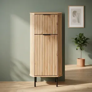 Meuble de salle de bain moderne en bois massif de manguier et d'acacia, armoire haute autoportante avec portes cannelées et étagères spacieuses - Product Image 3