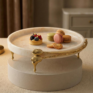 White Marble Serving <b>Tray</b> Decorative Pedestal <b>Tea</b> <b>Tray</b> with Leaf Design Handle for Afternoon <b>Tea</b> Table Decor Round Shape <b>Tray</b> - Product Image 2
