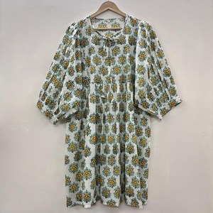 Vestido Midi Casual de Algodón para Mujer, Mangas Abullonadas, Cintura Imperio, Estilo Babydoll, Estampado Floral de Verano, Cuello en V Oversize, 100% Algodón, Holgado - Product Image 4