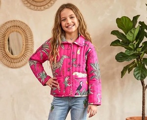 Veste en coton matelassée réversible rose pour filles, manteau tricoté à imprimé animal avec poche avant, manches trois quarts - Product Image 1