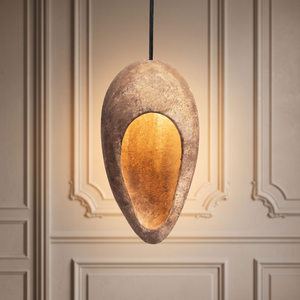 Ce luminaire suspendu LED en céramique rustique brun terre cuite présente un design ovale creux avec une texture de terre cuite brute de style wabi-sabi. - Product Image 2