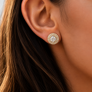 Boucles d'oreilles à double halo avec diamants ronds cultivés en laboratoire certifiés IGI de 1 carat chacun, or 14 carats, fabricant de bijoux OEM - Product Image 3